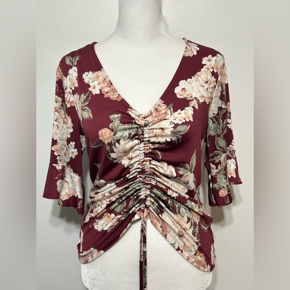 Vintage Y2K Floral Cinch Front Bell Sleeve Blouse by Ultra Flirt - Picture 2 of 14